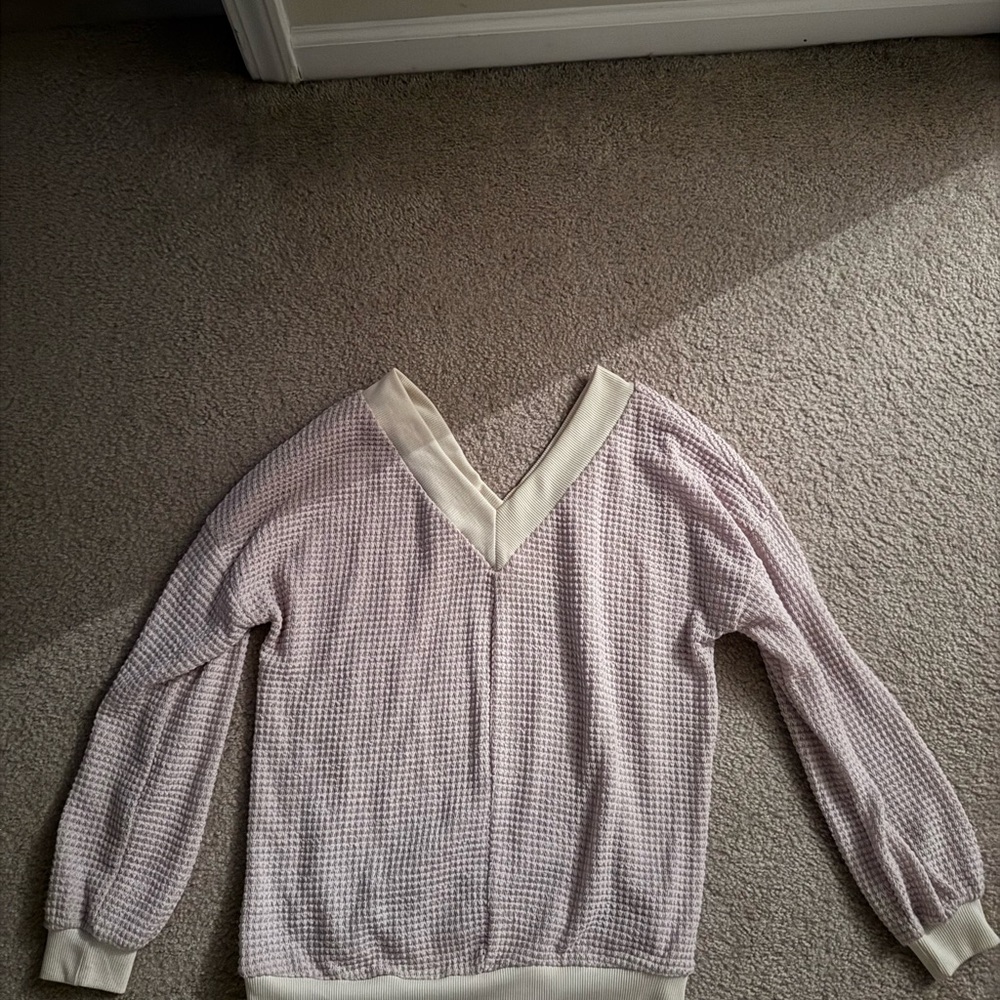 V-Neck Waffle Knit Sweater - Cream and Purple